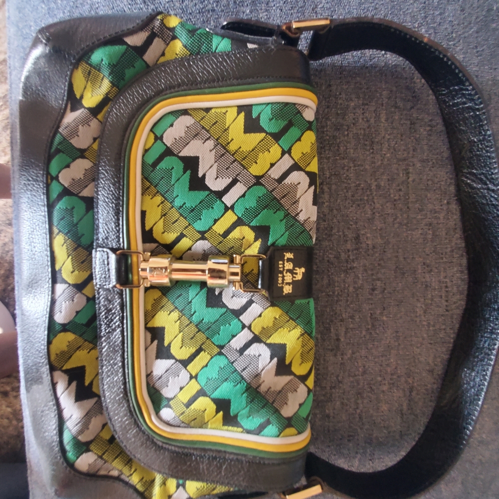 L.A.M.B. Black Shoulder Bag with Green, Yellow & White Pattern